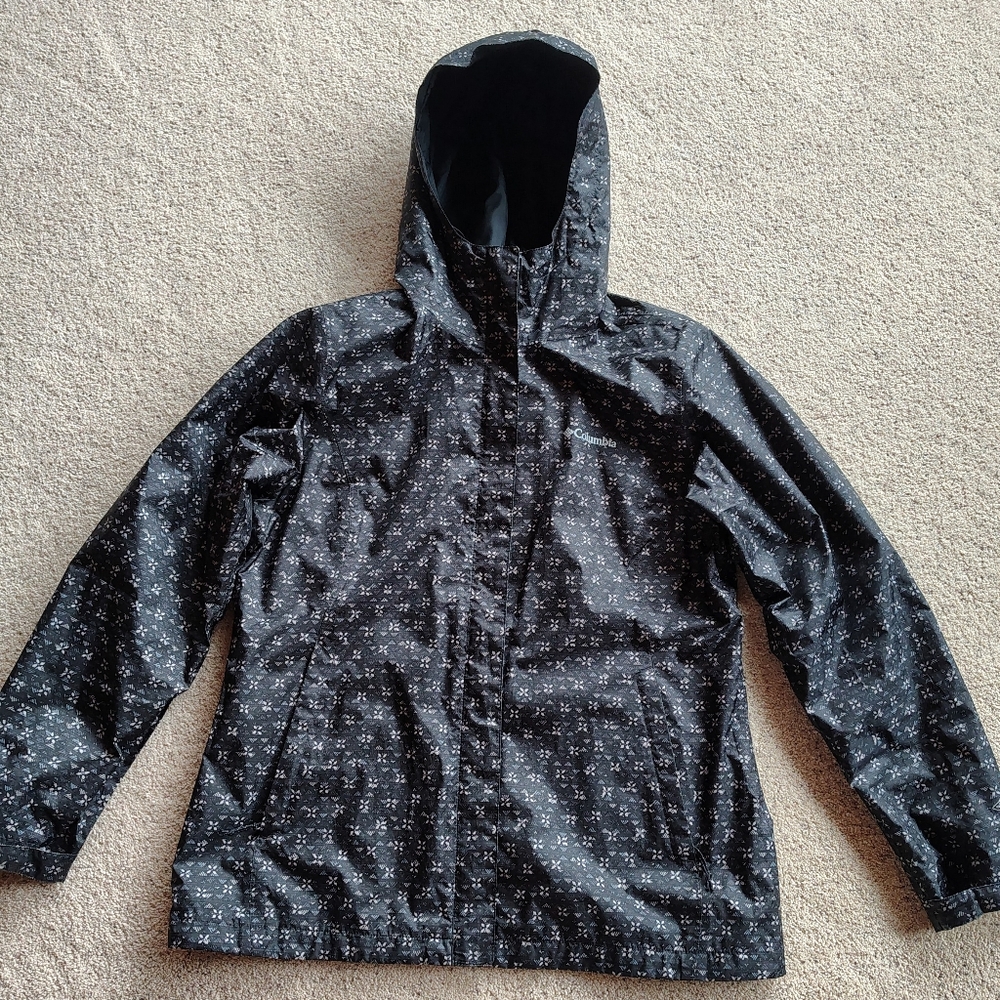 Columbia Omni Shield Black And Gray Patterned Rain Jacket With Hood Ladies Large